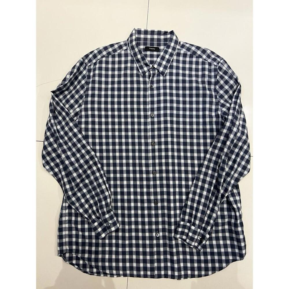 Theory Irving Shirt Men's XXL Navy White Check Flannel Cotton Button Down